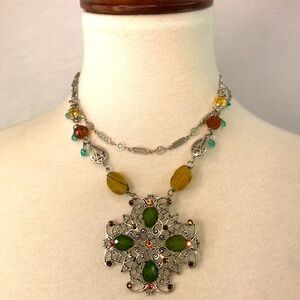 Chico's Silver Tone Green Yellow Tan Amber Stone Emblem Statement Necklace